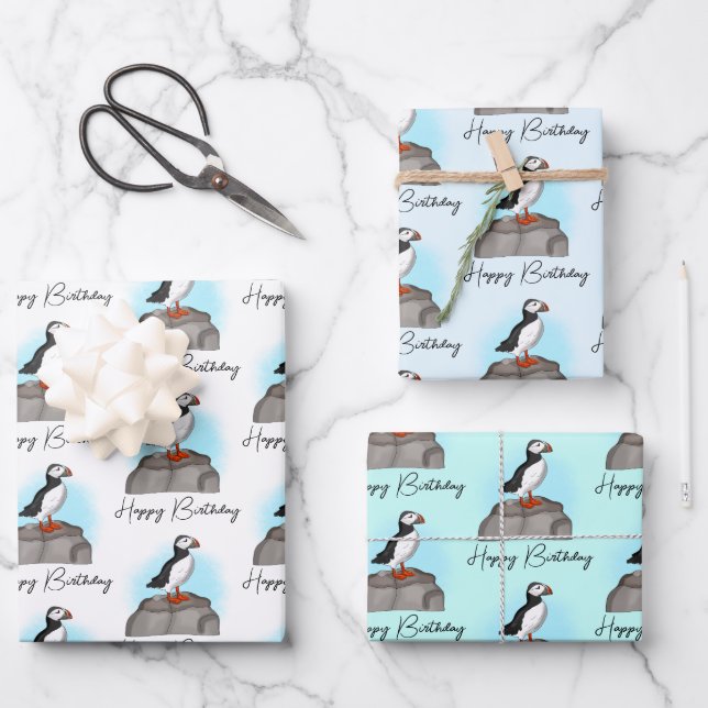 Personalized Happy Birthday Puffin Wrapping Paper Sheet (Front)