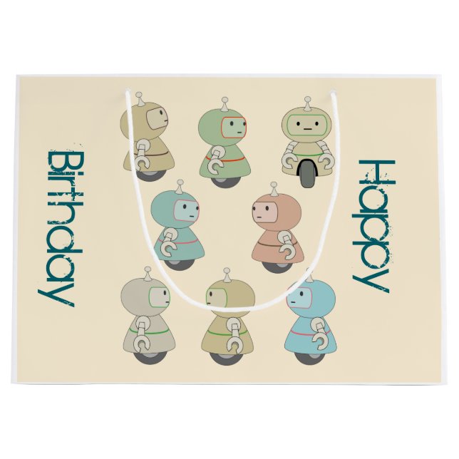 Personalized Happy Birthday Retro Robots Large Gift Bag (Front)
