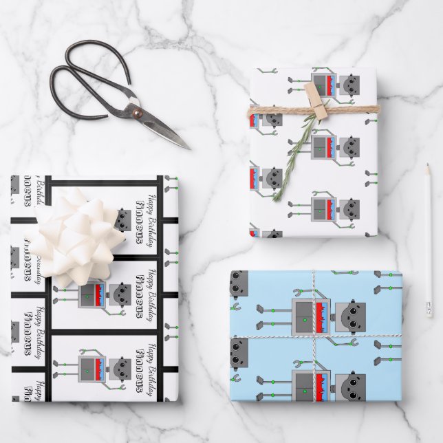 Personalized Happy Birthday Robot Themed Wrapping Paper Sheet (Front)
