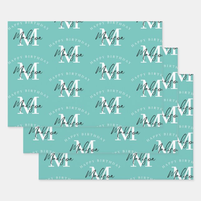 Personalized Happy Birthday Teal Monogram Wrapping Paper Sheet (Set)