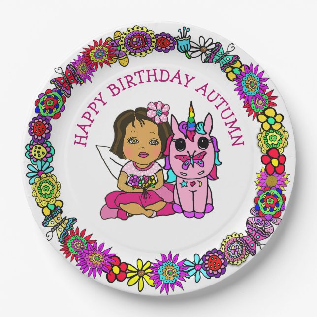 Personalized Happy Birthday Unicorn and Fairy Paper Plate (Front)