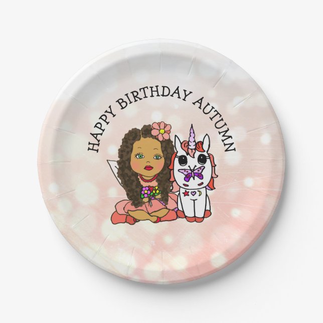 Personalized Happy Birthday Unicorn and Fairy Paper Plate (Front)