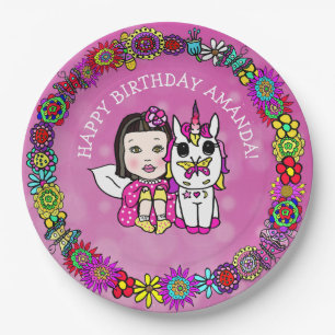 Personalized Happy Birthday Unicorn and Fairy Paper Plate