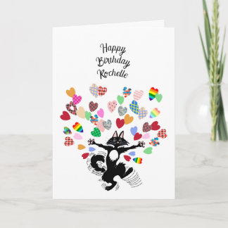 personalized happy birthday with cat and hearts card