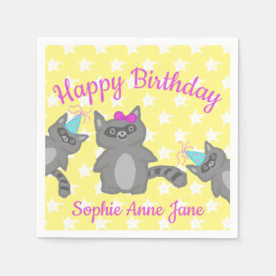 Personalized Happy Birthday Yellow Stars Raccoon Napkin