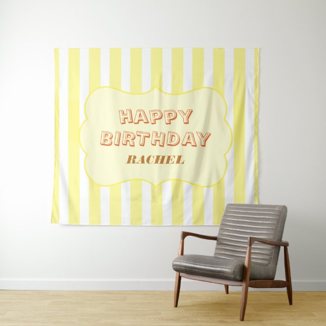 Personalized Happy Birthday Yellow Stripe  Tapestry (In Situ (Horizontal))