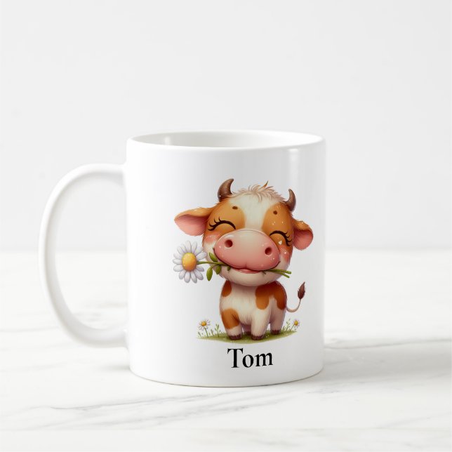 Personalized Happy Brown Cow with Flower Coffee Mug (Left)