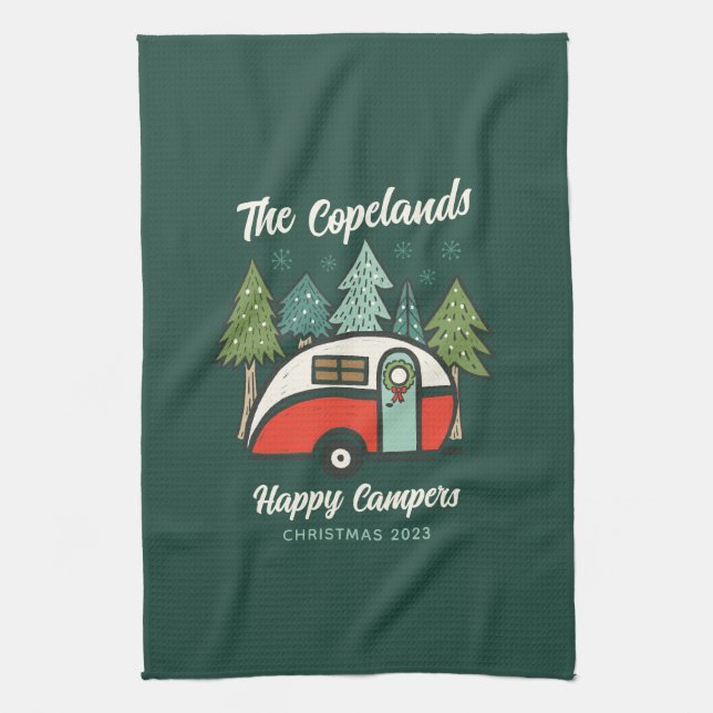 Personalized Happy Campers Christmas Kitchen Towel (Vertical)