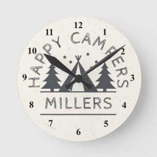 Personalized Happy Campers Rustic Tent Camping Round Clock
