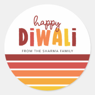 Personalized Happy Diwali Retro Stripes Classic Round Sticker