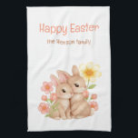 Personalized Happy Easter Bunnies Floral Family  Kitchen Towel<br><div class="desc">Personalized Happy Easter Bunnies Floral Family Kitchen Towel. Celebrate Easter with this design featuring two bunnies surrounded by soft pink and yellow spring flowers. Add your family name. This design brings warmth and joy to any home,  ideal for creating personalized gifts,  festive decorations,  or unique keepsakes.</div>