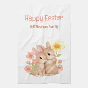 Personalized Happy Easter Bunnies Floral Family  Kitchen Towel