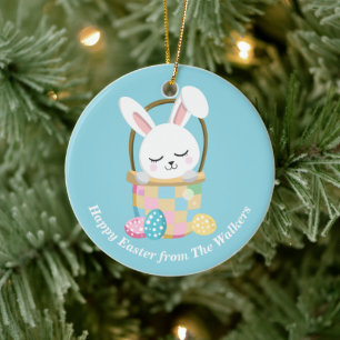 Personalized Happy Easter Bunny Baby Blue Ceramic Ornament