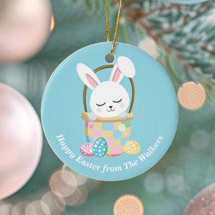 Personalized Happy Easter Bunny Baby Blue Ceramic Ornament