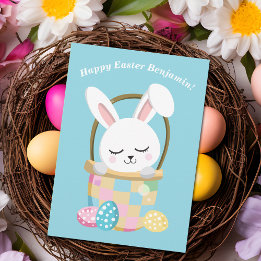 Personalized Happy Easter Bunny Cute Baby Blue Card