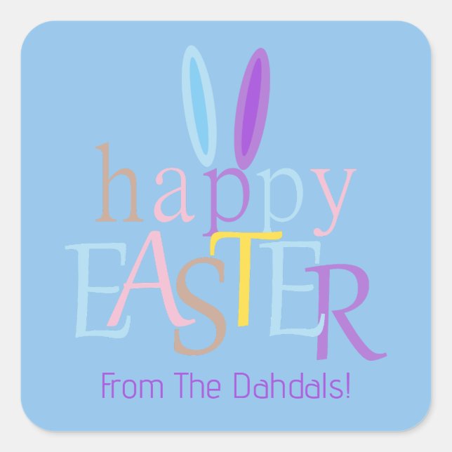 Personalized Happy Easter Bunny Ears Blue Purple Square Sticker (Front)