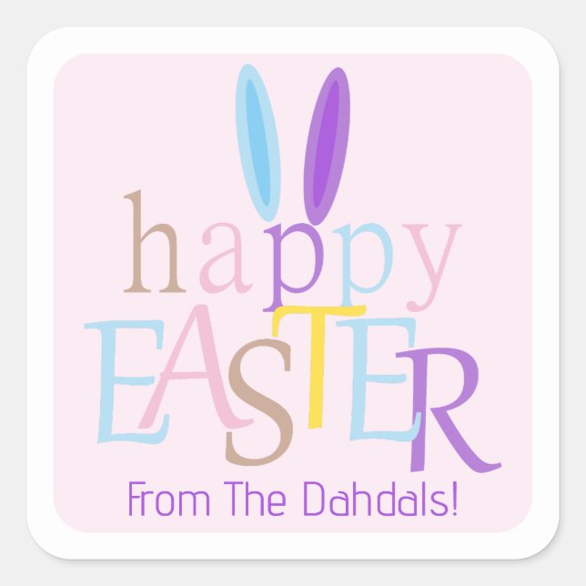Personalized Happy Easter Bunny Ears Pastel Pink Square Sticker (Front)