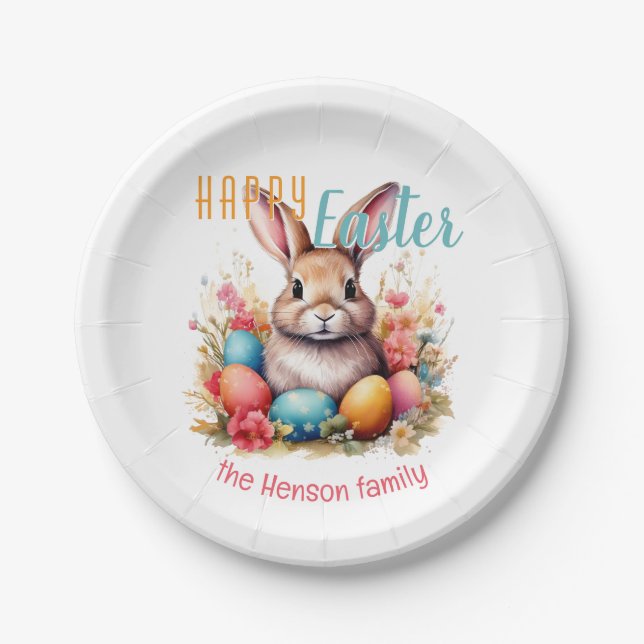 Personalized Happy Easter Bunny Eggs Family  Paper Plate (Front)