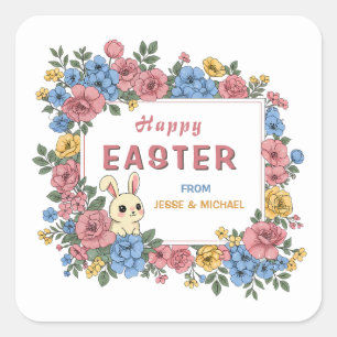 Personalized Happy Easter Bunny Floral Custom Name Square Sticker