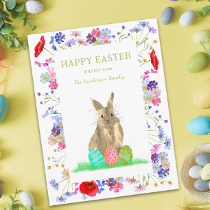 Personalized Happy Easter Cute Bunny Floral Holiday Postcard