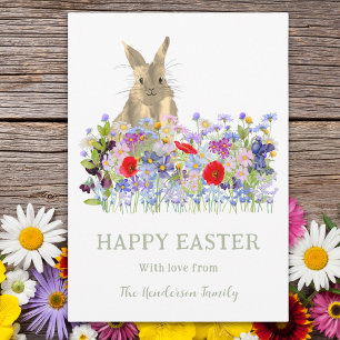 Personalized Happy Easter Cute Bunny Wildflower Holiday Card