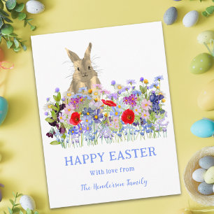 Personalized Happy Easter Cute Bunny Wildflowers Holiday Postcard