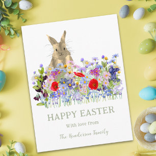 Personalized Happy Easter Cute Bunny Wildflowers Holiday Postcard