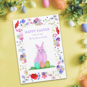 Personalized Happy Easter Cute Pink Bunny Floral Holiday Card