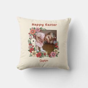Personalized Happy Easter Floral Bunny Custom Pic Throw Pillow