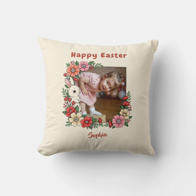 Personalized Happy Easter Floral Bunny Custom Pic Throw Pillow (Front)