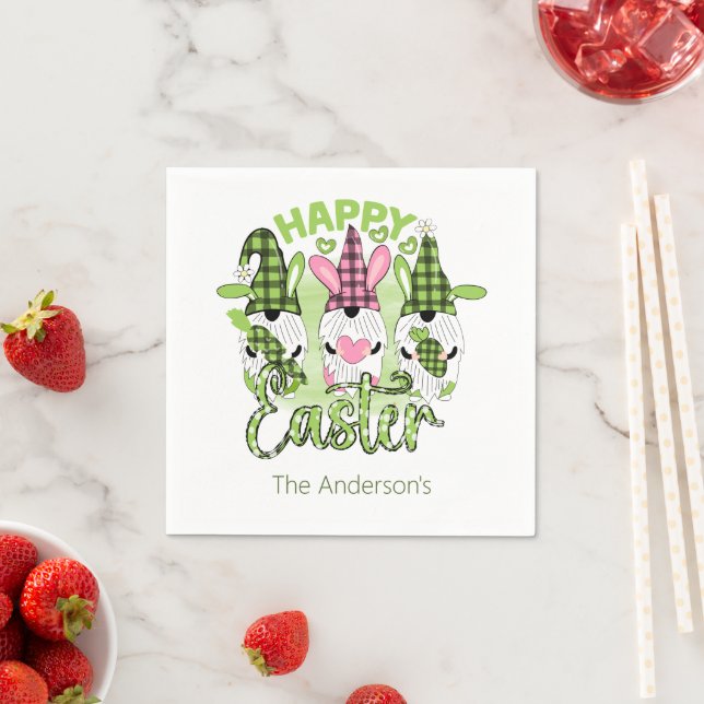 Personalized Happy Easter Gnomes Pink Green Party Napkin (Insitu)