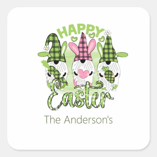 Personalized Happy Easter Gnomes Pink Green  Square Sticker (Front)