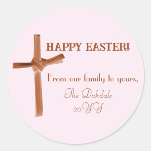 Personalized Happy Easter Palm Cross Brown Pink Classic Round Sticker