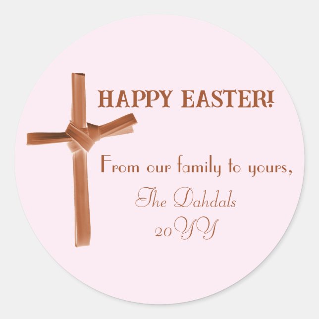 Personalized Happy Easter Palm Cross Brown Pink Classic Round Sticker (Front)