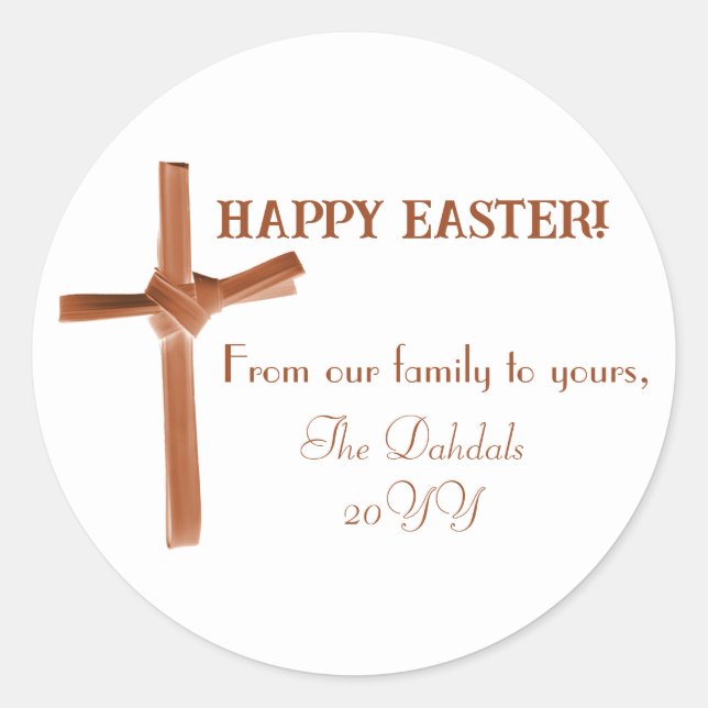 Personalized Happy Easter Palm Cross Earthy Family Classic Round Sticker (Front)