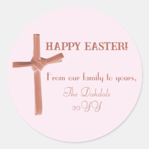Personalized Happy Easter Palm Cross Family Pink Classic Round Sticker