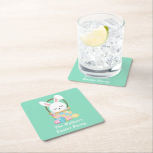 Personalized Happy Easter Party Pastel Green Square Paper Coaster