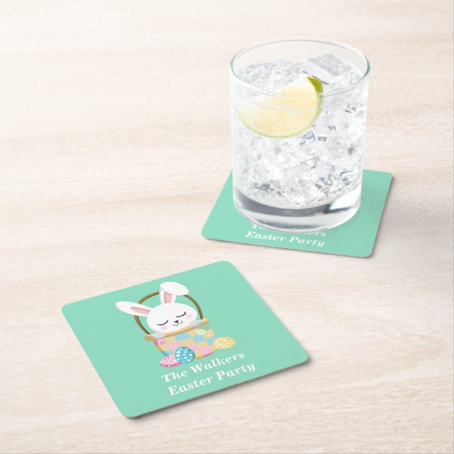 Personalized Happy Easter Party Pastel Green Square Paper Coaster (Insitu)