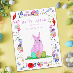 Personalized Happy Easter Pink Bunny Spring Floral Holiday Card