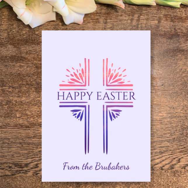 Personalized Happy Easter Unique Christian Easter Holiday Card (Happy Easter custom text beautiful sunrise purple cross for Christian faith personalized card
)