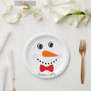Personalized Happy Face Snowman Red Bowtie Paper Plate