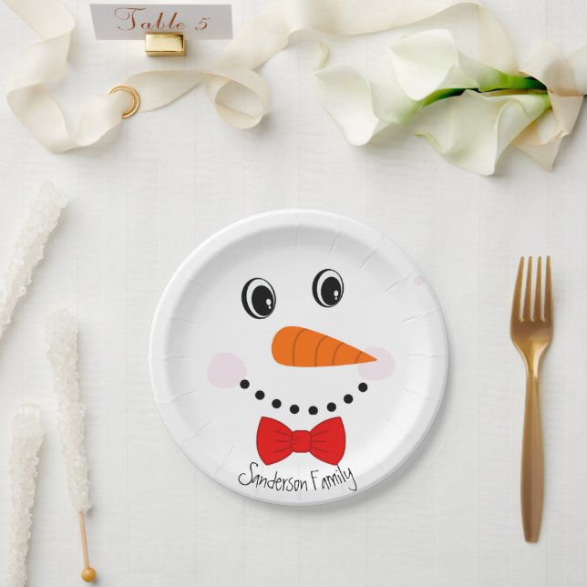 Personalized Happy Face Snowman Red Bowtie Paper Plate (Wedding)