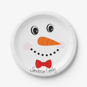 Personalized Happy Face Snowman Red Bowtie Paper Plate