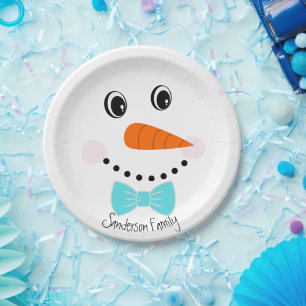 Personalized Happy Face Snowman Teal Blue Bowtie Paper Plate