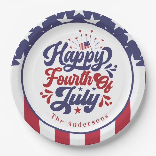 Personalized Happy Fourth Of July Patriotic  Paper Plate (Front)
