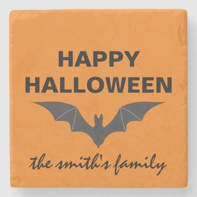 Personalized Happy Halloween Bat Stone Coaster (Front)