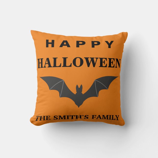Personalized Happy Halloween Bat Throw Pillow (Front)
