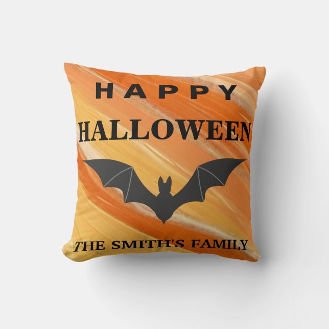 Personalized Happy Halloween Bat Throw Pillow (Front)