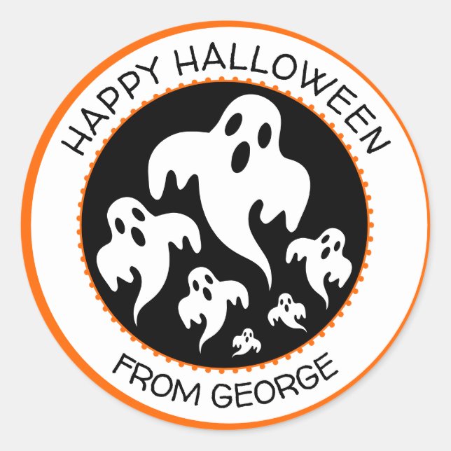 Personalized Happy Halloween Ghost Classic Round Sticker (Front)