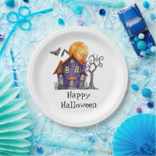 Personalized Happy Halloween Haunted House Party Paper Plate